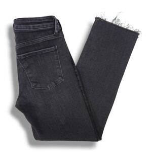 Evereve Ever Straight Jeans Mid Rise Ankle Crop Raw Hem Black Stretch Denim 26